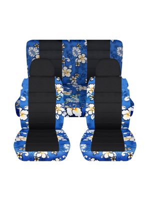 Hawaiian Print and Black Car Seat Covers with 2 Front Headrest Covers - Full Set