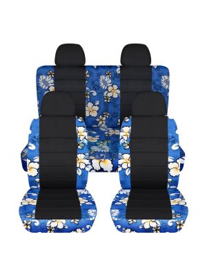 Hawaiian Print and Black Car Seat Covers with 4 (2 Front + 2 Rear) Headrest Covers - Full Set
