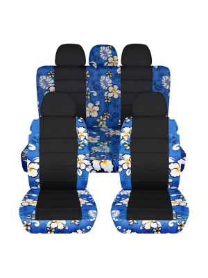 Hawaiian Print and Black Car Seat Covers with 5 (2 Front + 3 Rear) Headrest Covers - Full Set