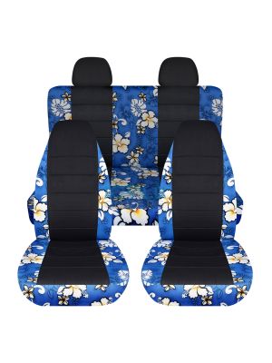 Hawaiian Print and Black Car Seat Covers with 2 Rear Headrest Covers - Full Set