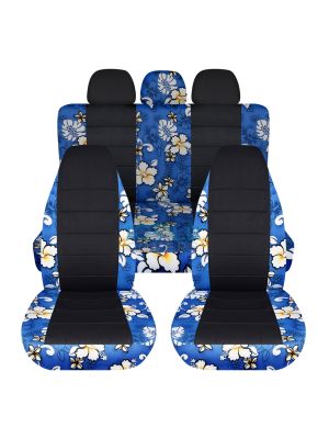 Hawaiian Print and Black Car Seat Covers with 3 Rear Headrest Covers - Full Set